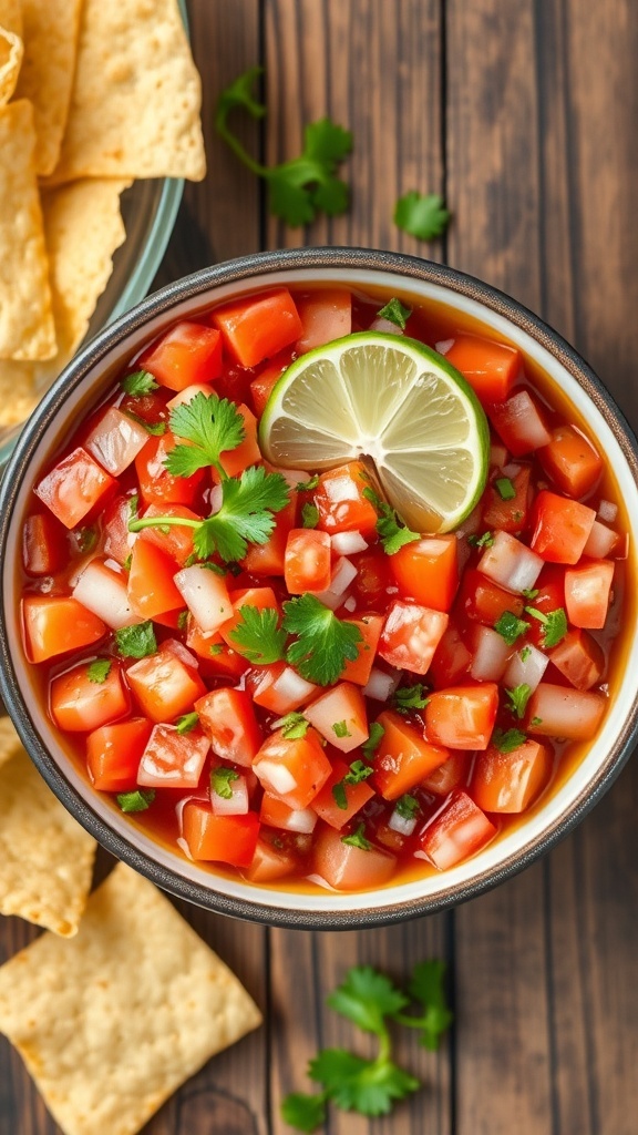 A colorful bowl of fresh tomato salsa with tortilla chips on a wooden table.